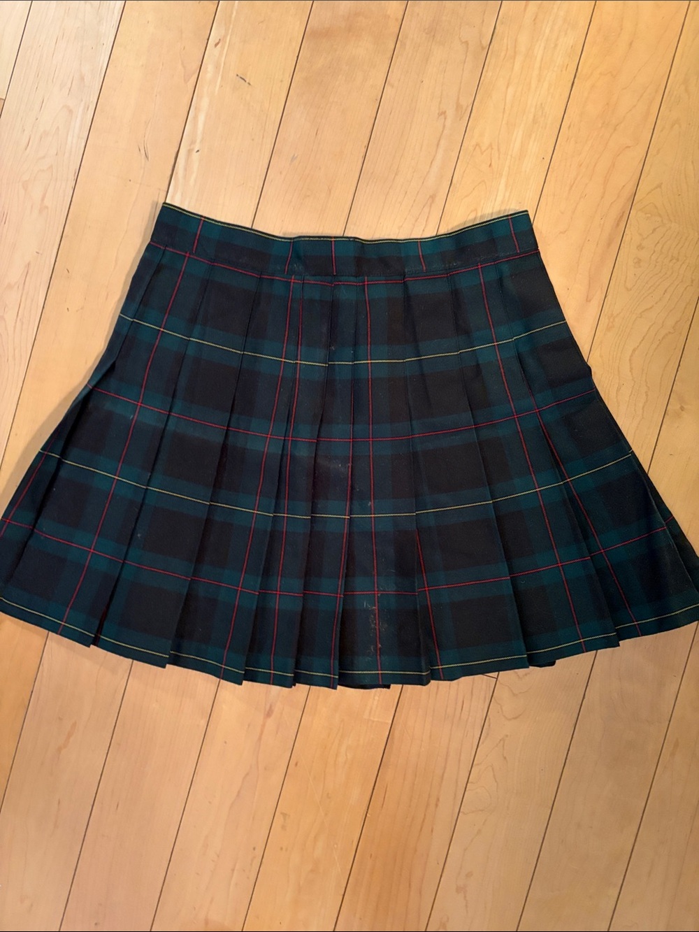 American Apparel Dark Green and Navy Pleated Tartan Mini Skirt with Red Accents